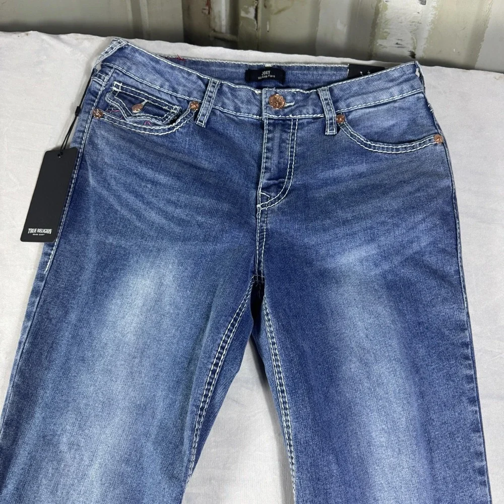 NWT True Religion Joey Womens Flare Jeans Blue Denim Mid Rise Flap Pockets 29‎